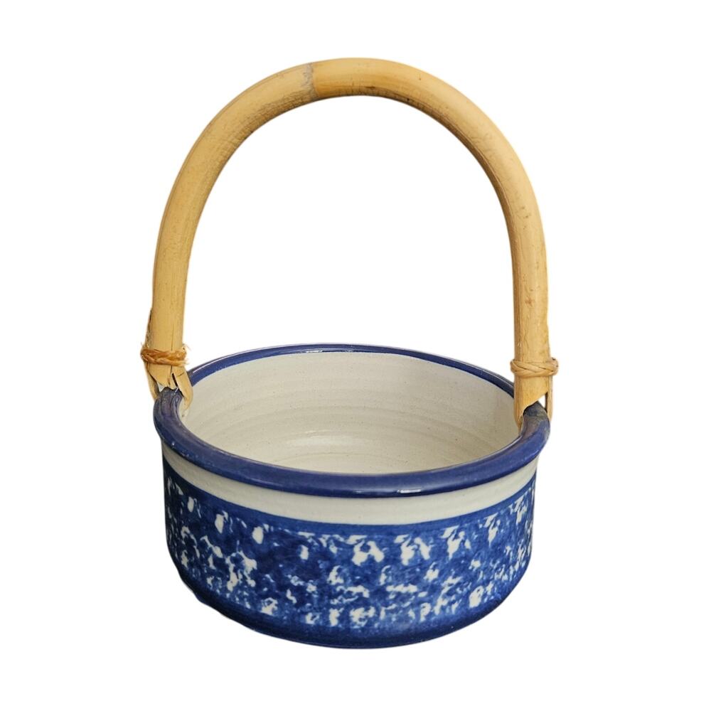 Blue White Floral Ceramic Basket Bowl Bamboo Handle Cottage Decor